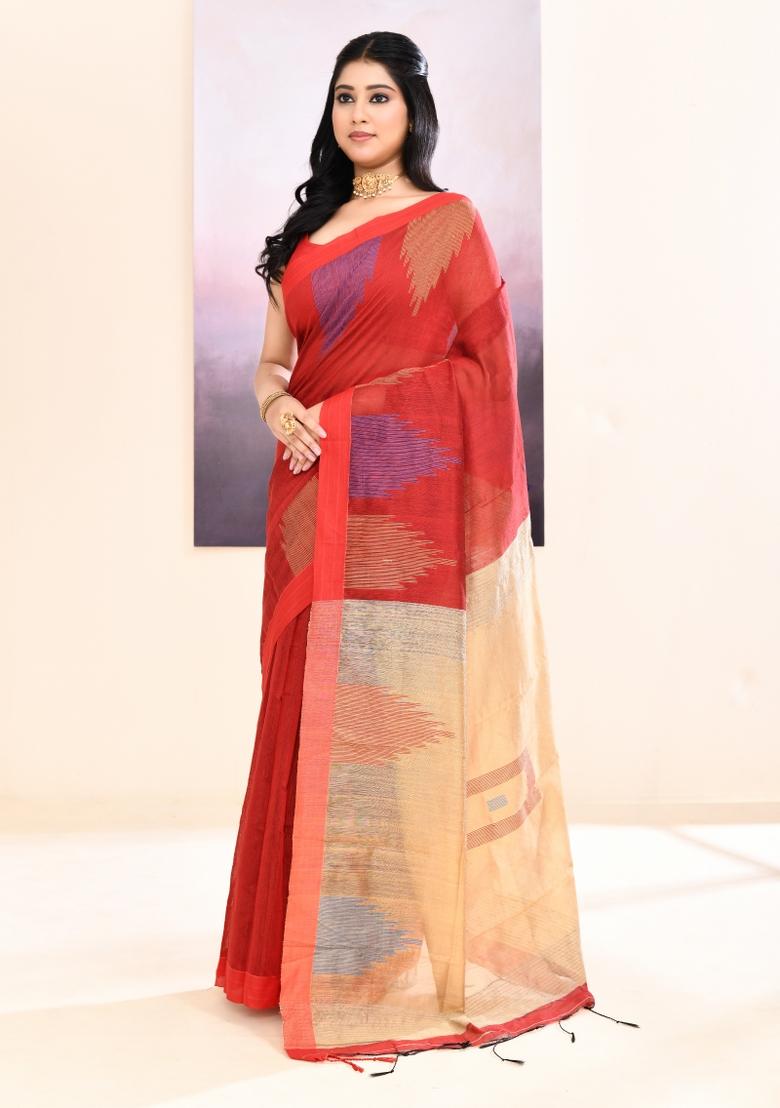 Maroon Handloom Cotton Saree Set - Indya