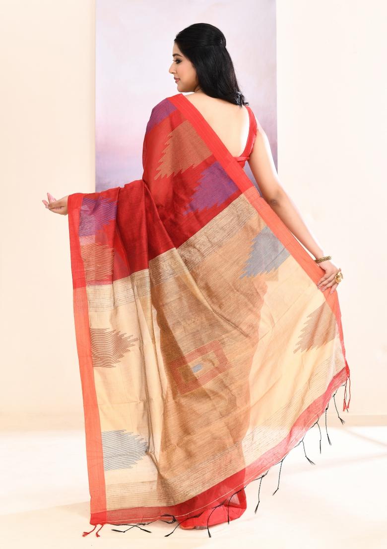 Maroon Handloom Cotton Saree Set - Indya