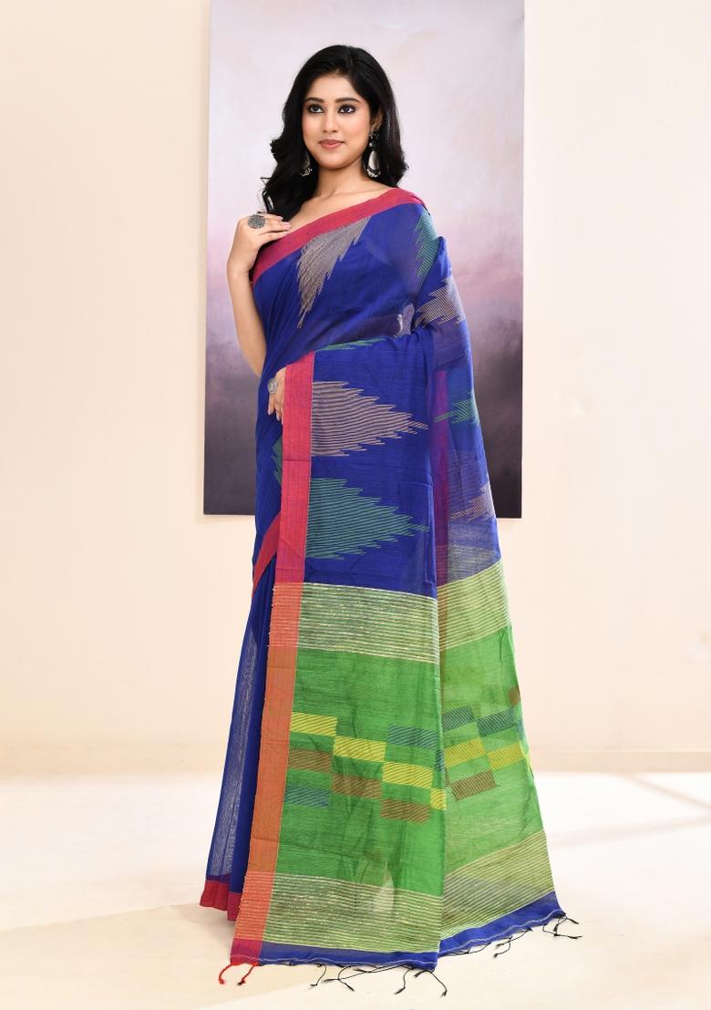 Royal Blue Handloom Cotton Saree Set - Indya