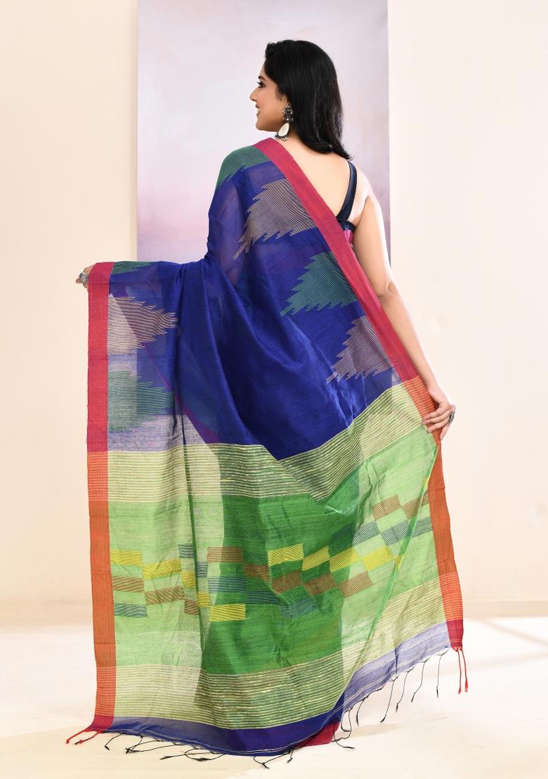 Royal Blue Handloom Cotton Saree Set - Indya