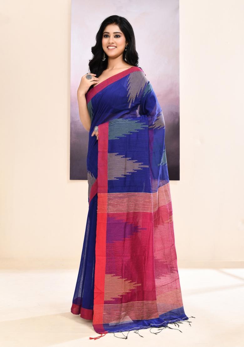 Royal Blue Handloom Cotton Saree Set - Indya