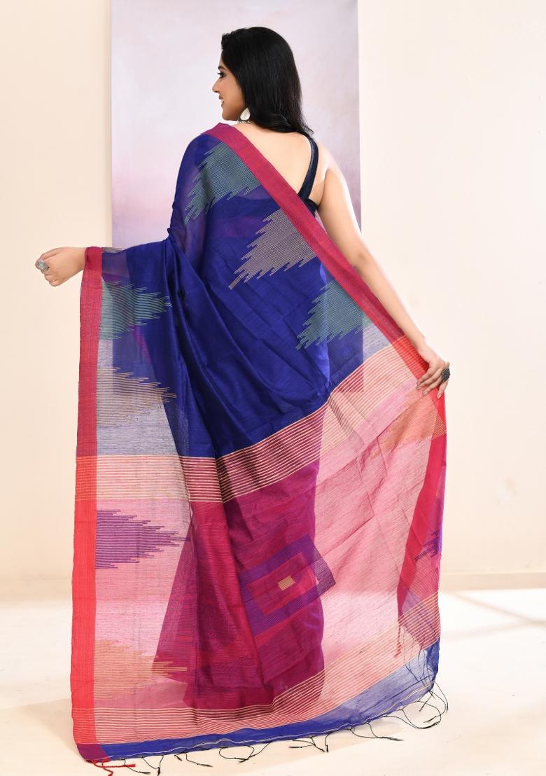 Royal Blue Handloom Cotton Saree Set - Indya