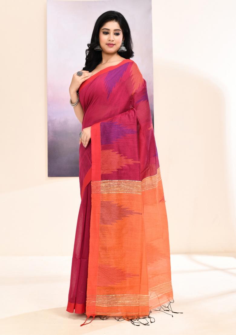 Pink Handloom Cotton Saree Set - Indya