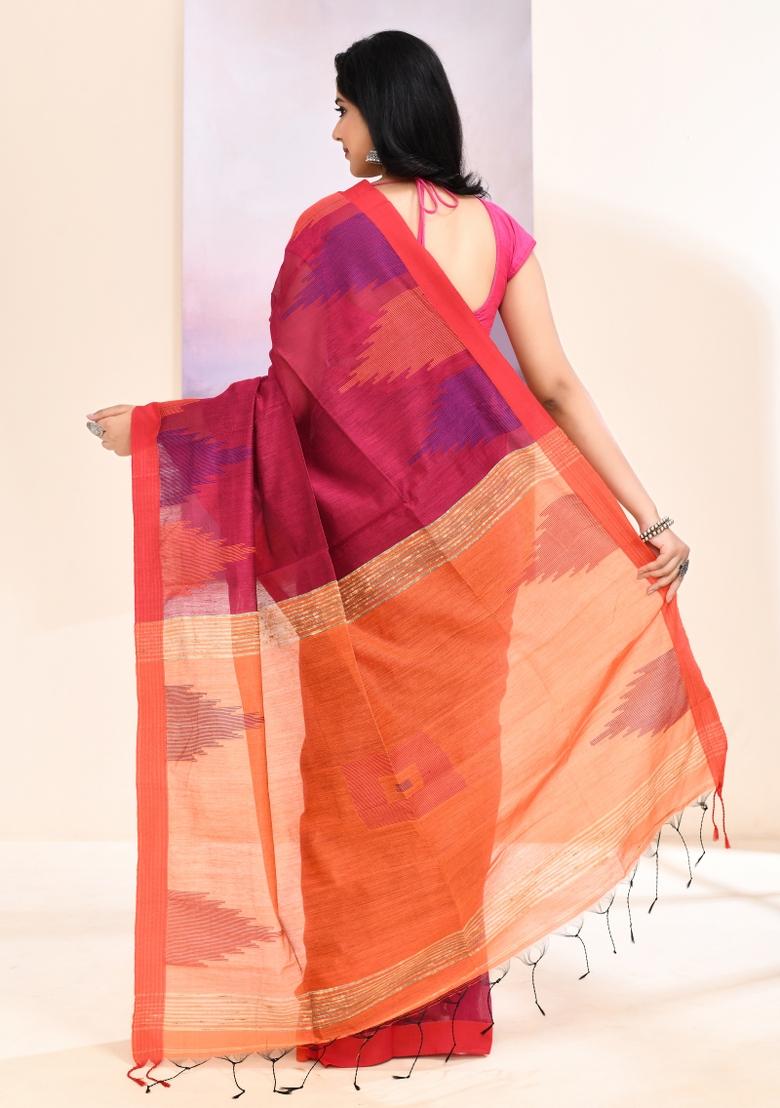 Pink Handloom Cotton Saree Set - Indya