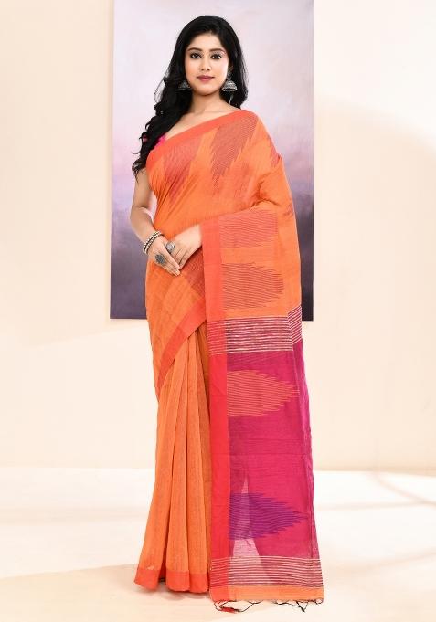 Orange Handloom Cotton Saree Set