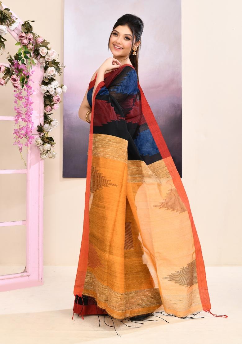 Black Handloom Cotton Saree Set - Indya