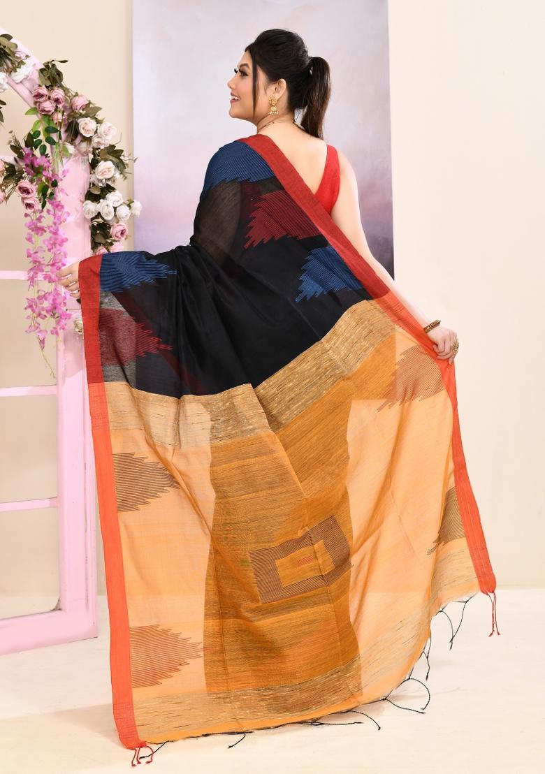 Black Handloom Cotton Saree Set - Indya