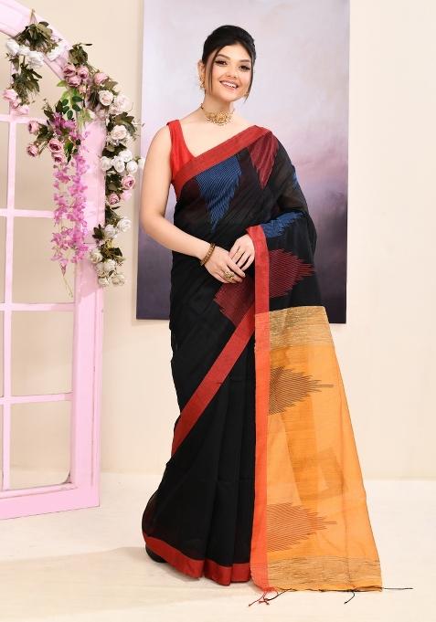 Black Handloom Cotton Saree Set