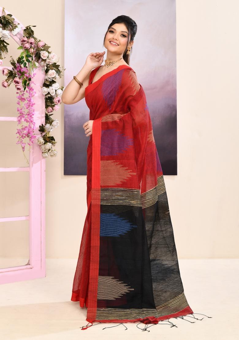 Maroon Handloom Cotton Saree Set - Indya