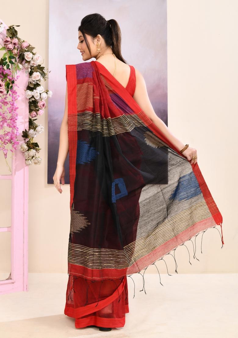 Maroon Handloom Cotton Saree Set - Indya