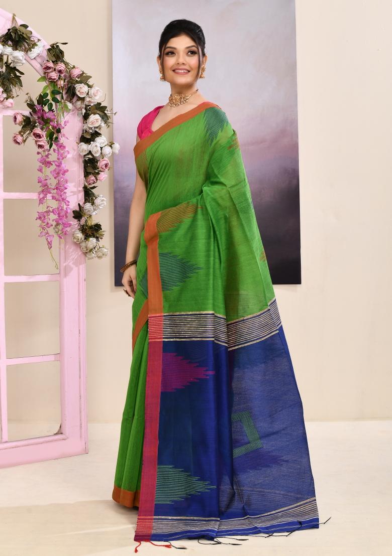 Green Handloom Cotton Saree Set - Indya