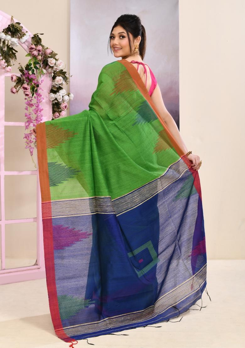 Green Handloom Cotton Saree Set - Indya