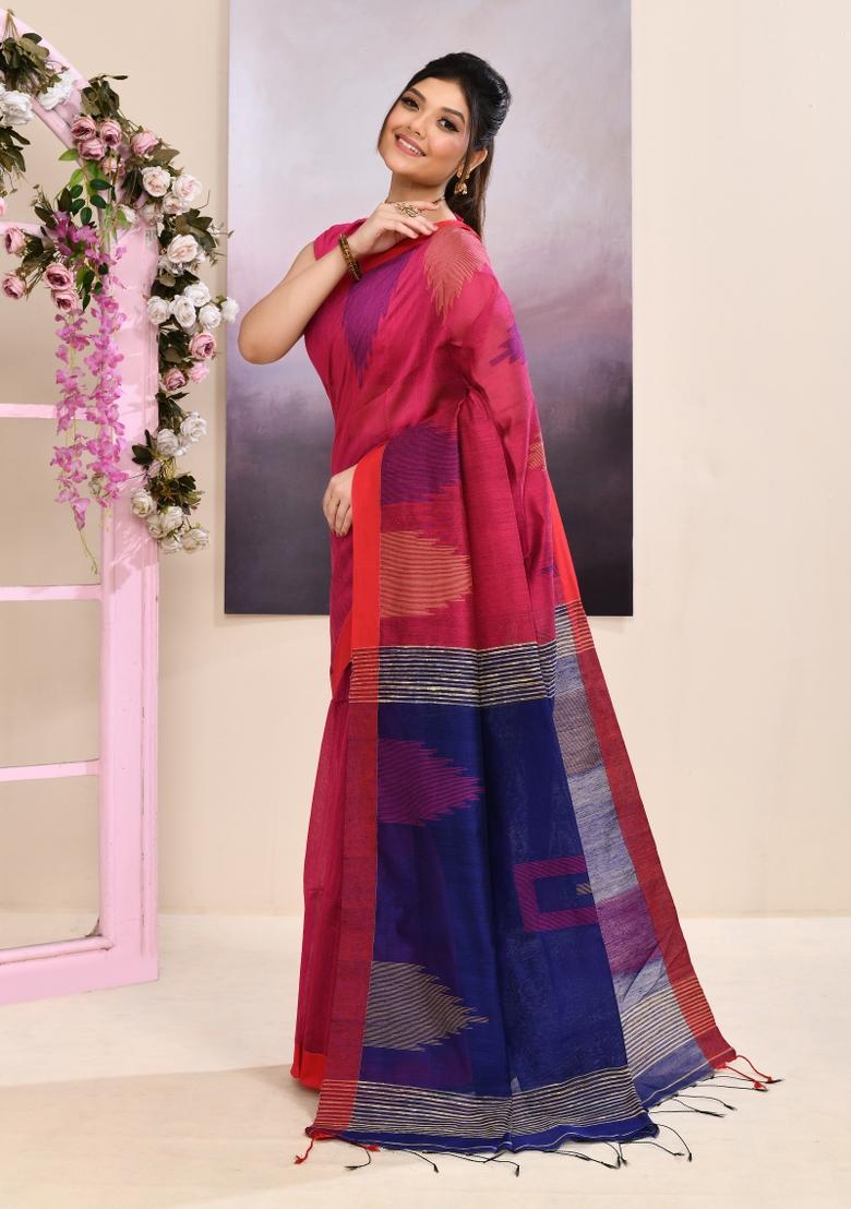 Pink Handloom Cotton Saree Set - Indya