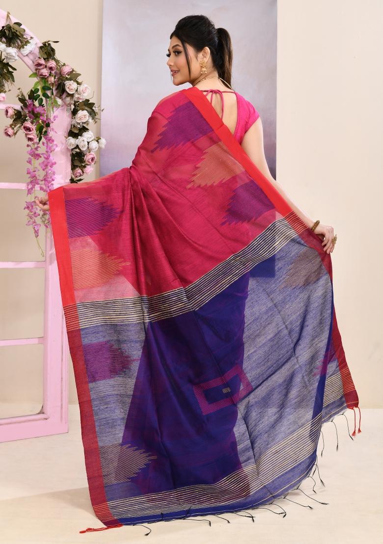 Pink Handloom Cotton Saree Set - Indya