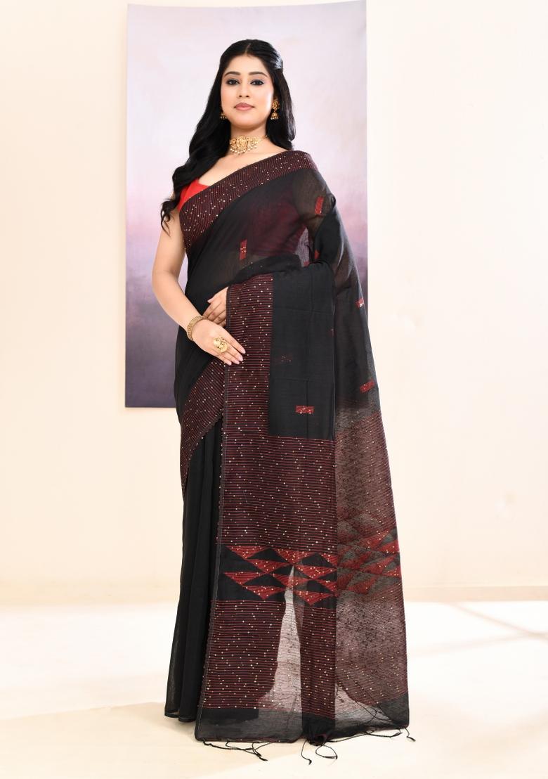 Black Handloom Cotton Saree Set - Indya