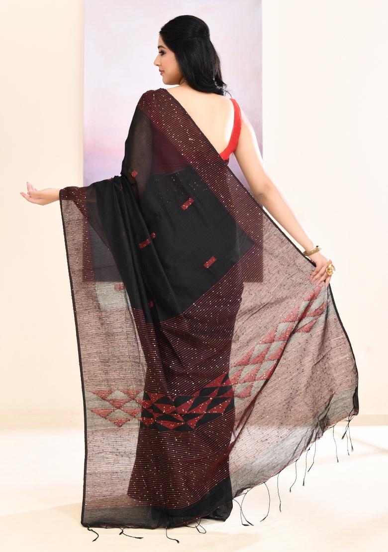 Black Handloom Cotton Saree Set - Indya