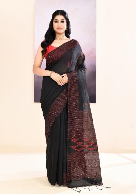 Black Handloom Cotton Saree Set