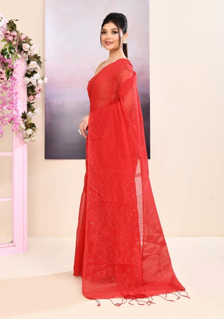 Red Handloom Cotton Saree Set - Indya