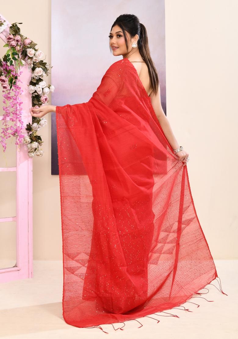 Red Handloom Cotton Saree Set - Indya
