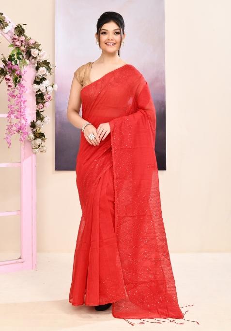 Red Handloom Cotton Saree Set