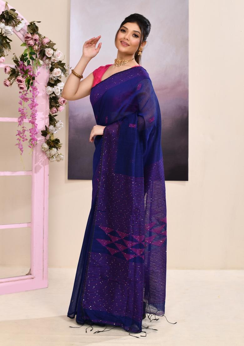 Blue Handloom Cotton Saree Set - Indya