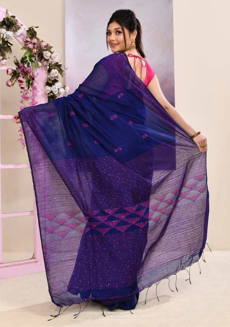 Blue Handloom Cotton Saree Set - Indya