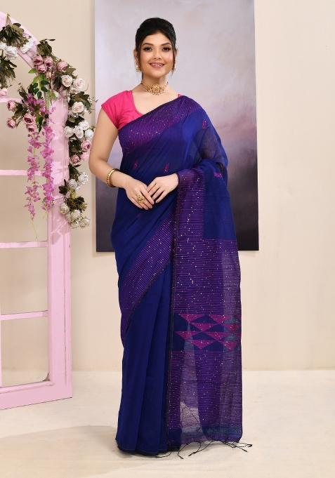 Blue Handloom Cotton Saree Set