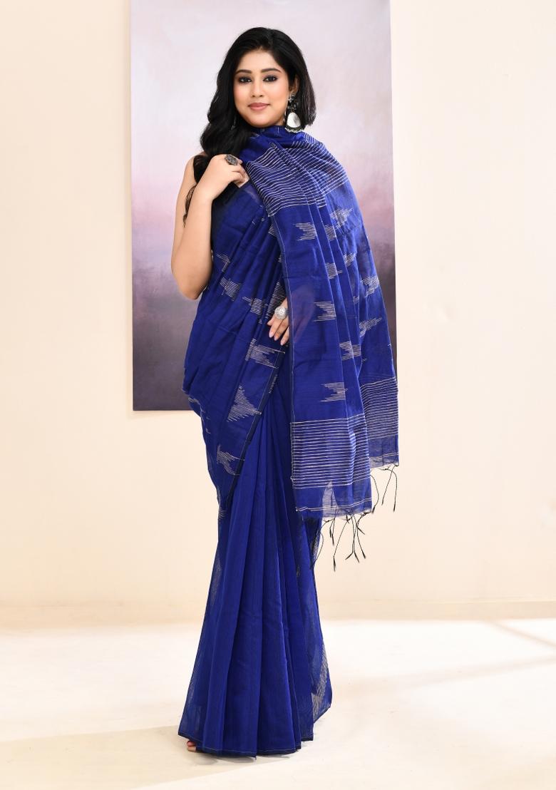 Blue Handloom Cotton Saree Set - Indya