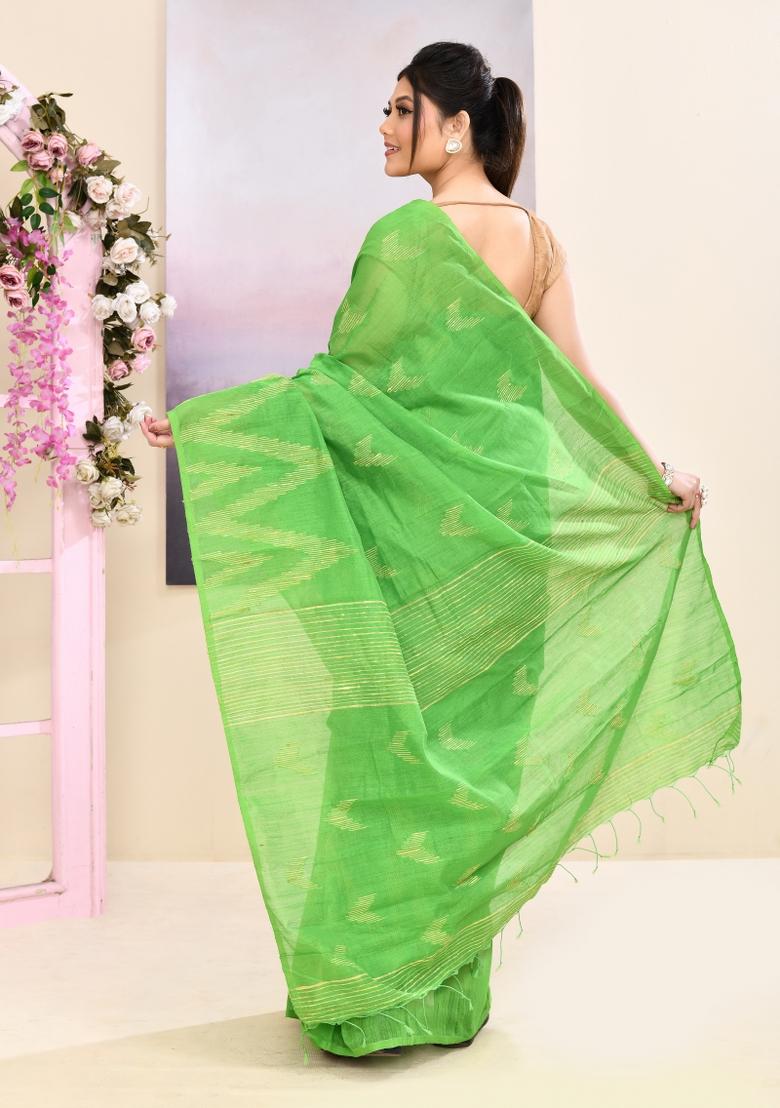 Green Handloom Cotton Saree Set - Indya