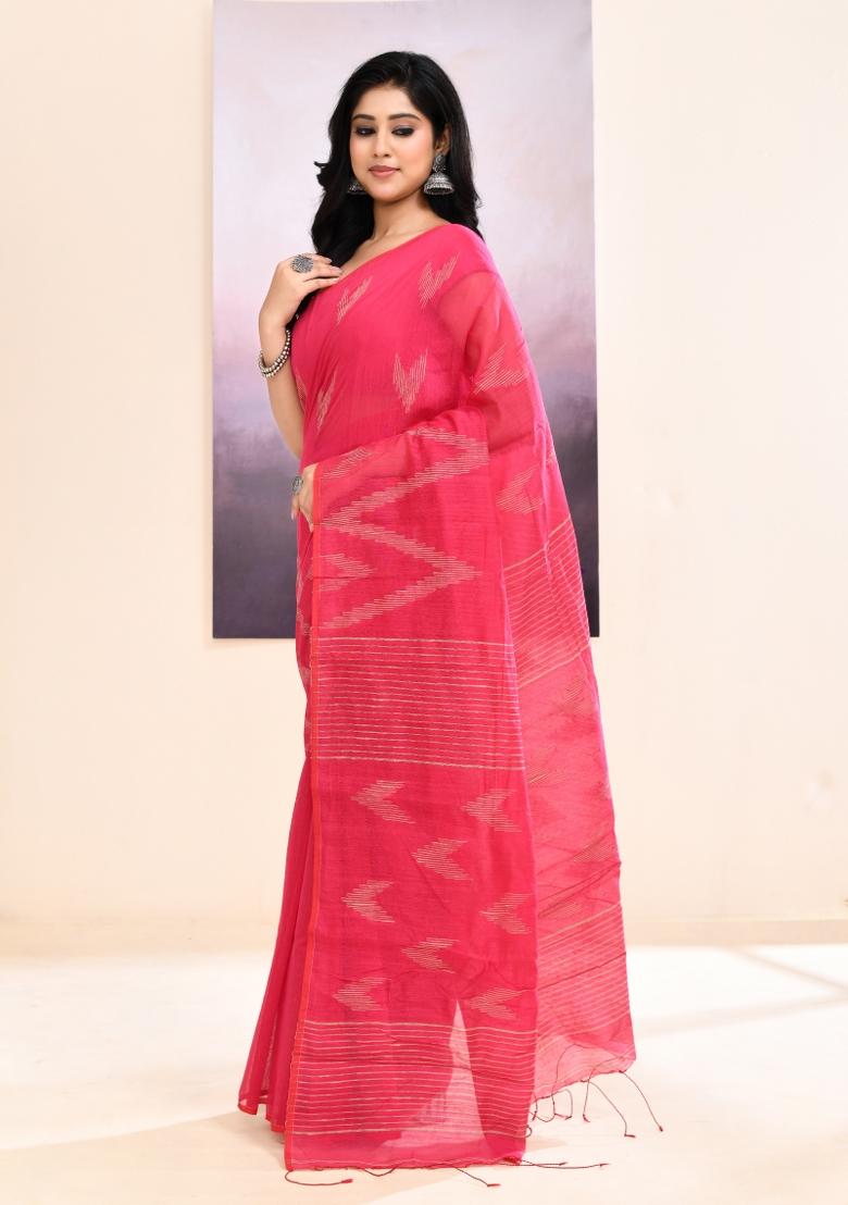 Pink Handloom Cotton Saree Set - Indya