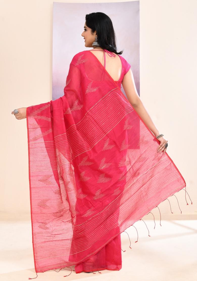 Pink Handloom Cotton Saree Set - Indya