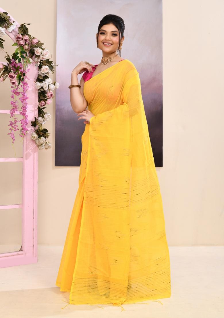 Yellow Handloom Cotton Saree Set - Indya