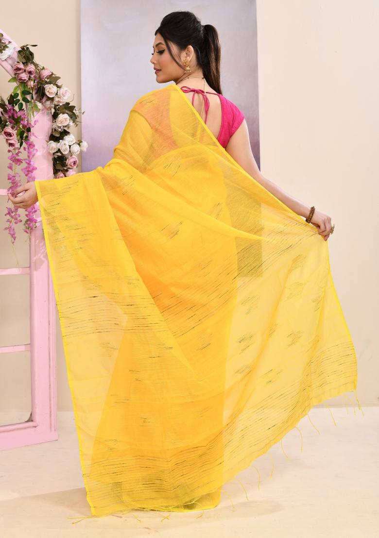 Yellow Handloom Cotton Saree Set - Indya