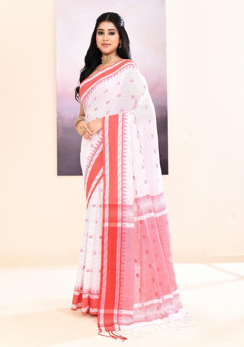 White Handloom Cotton Saree Set - Indya