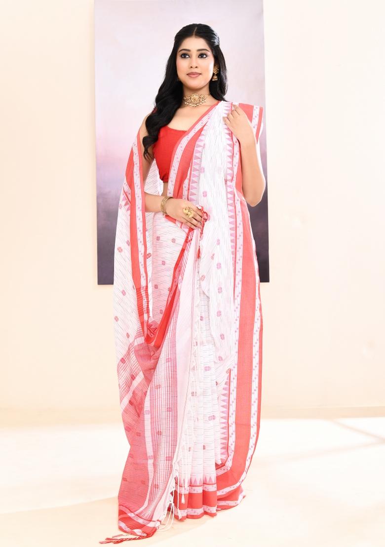 White Handloom Cotton Saree Set - Indya
