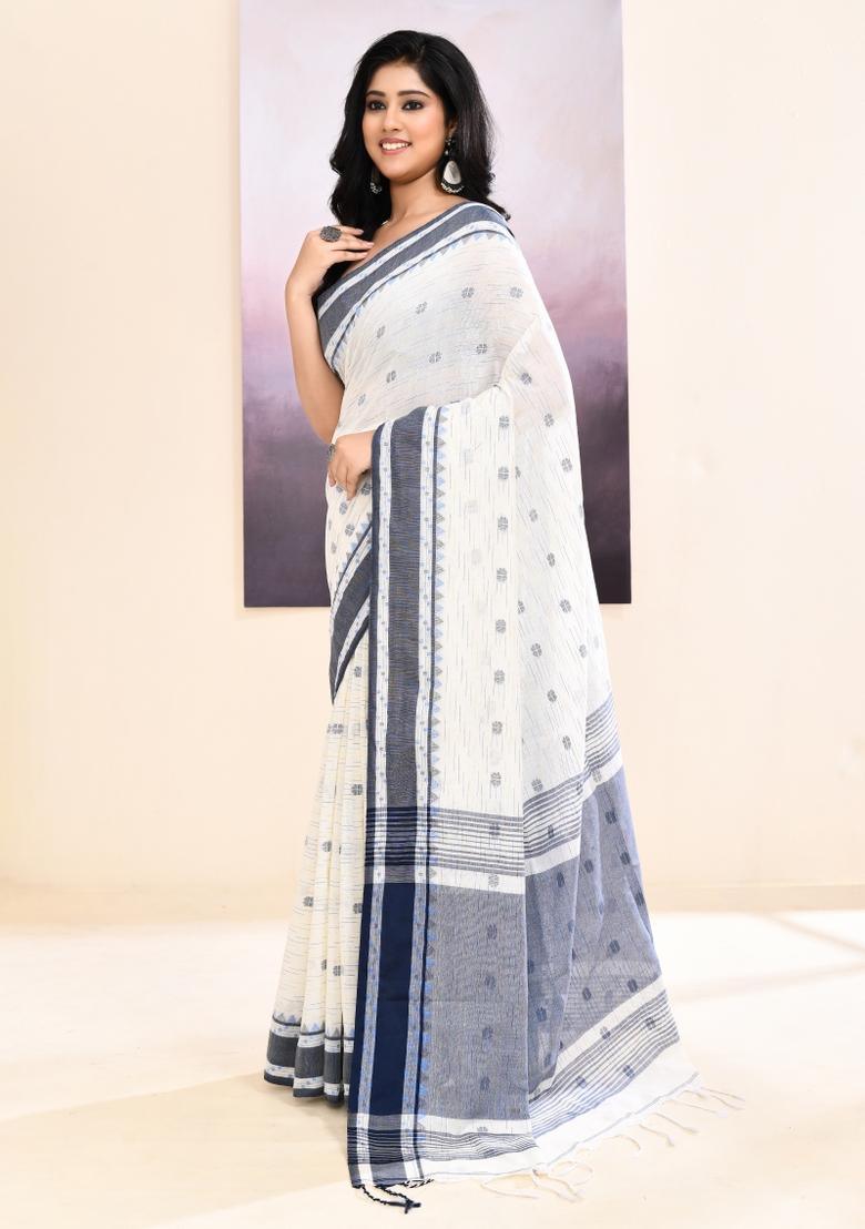 White Handloom Cotton Saree Set - Indya
