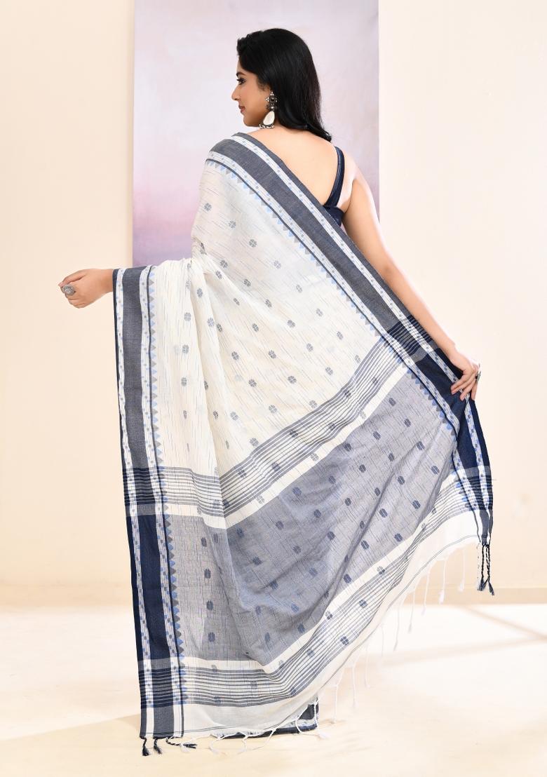 White Handloom Cotton Saree Set - Indya
