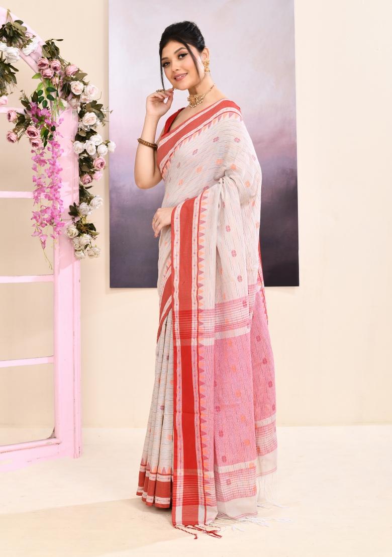 Beige Handloom Cotton Saree Set - Indya