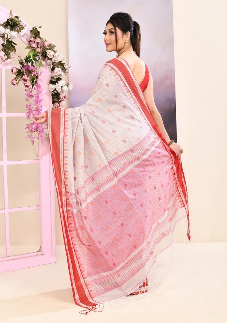 Beige Handloom Cotton Saree Set - Indya
