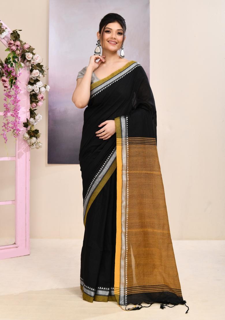 Black Handloom Cotton Saree Set - Indya
