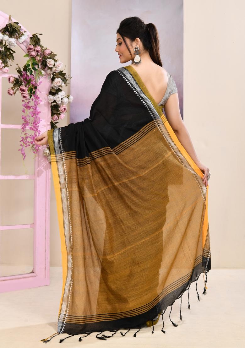 Black Handloom Cotton Saree Set - Indya