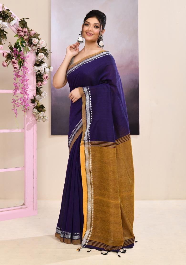 Purple Handloom Cotton Saree Set - Indya
