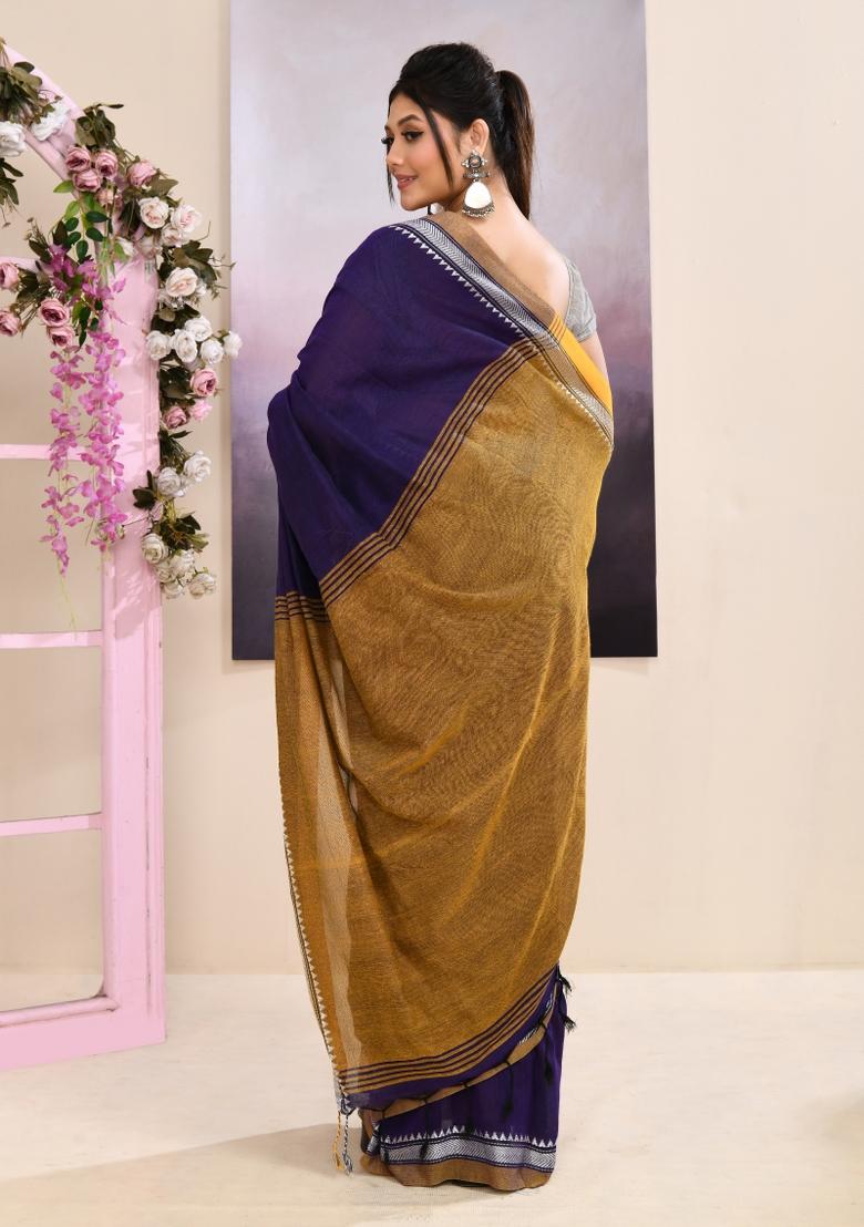Purple Handloom Cotton Saree Set - Indya