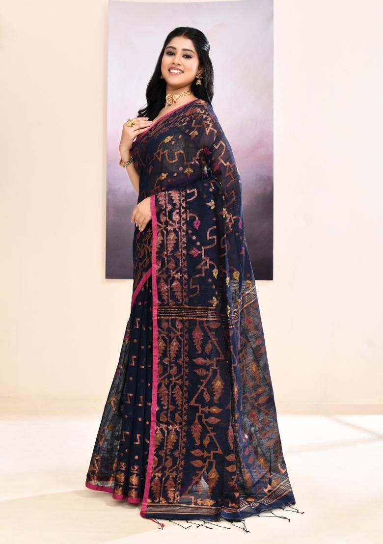 Navy Blue Handloom Cotton Saree Set - Indya