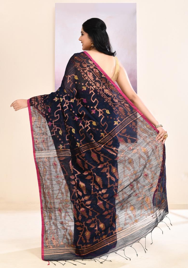 Navy Blue Handloom Cotton Saree Set - Indya