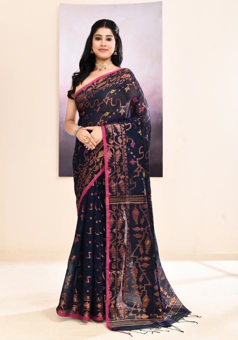 Navy Blue Handloom Cotton Saree Set