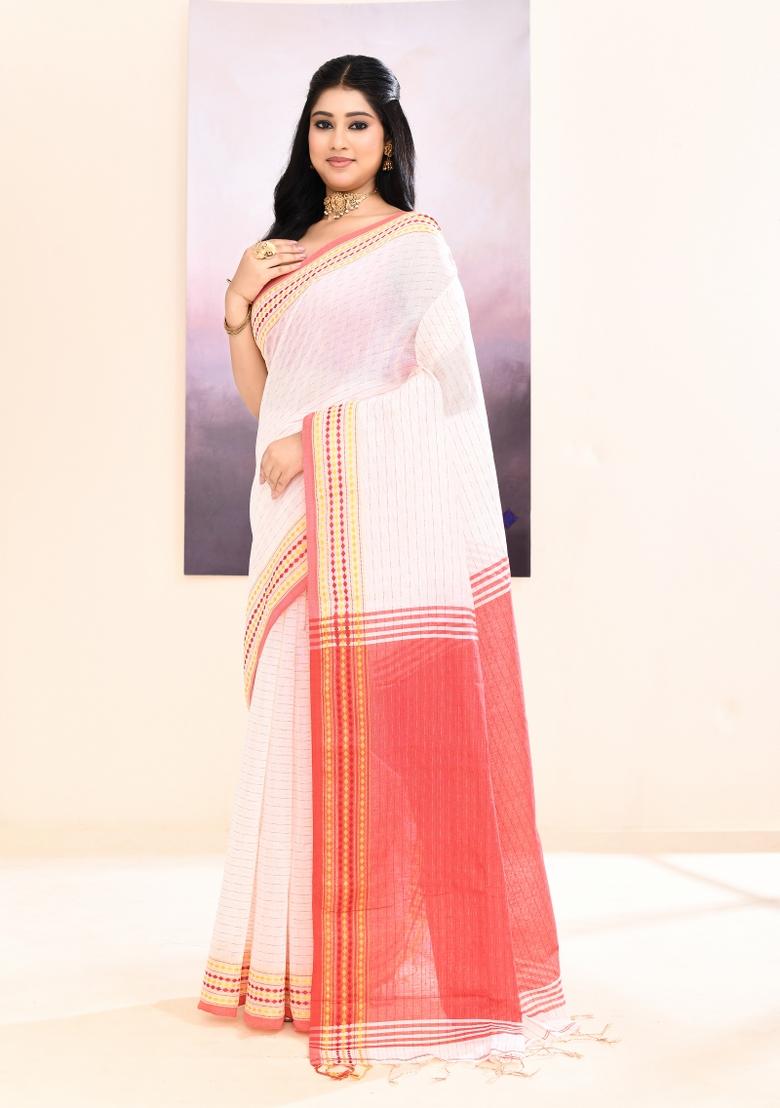 White Handloom Cotton Saree Set - Indya
