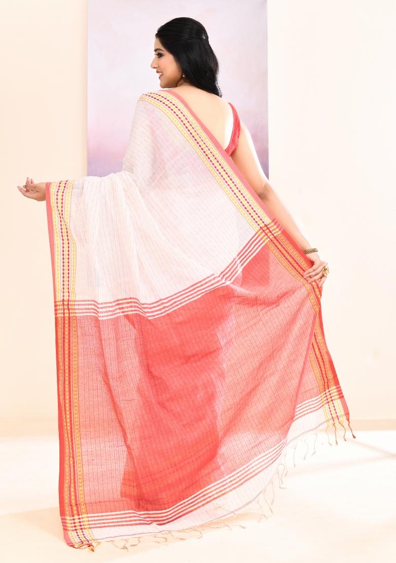 White Handloom Cotton Saree Set - Indya
