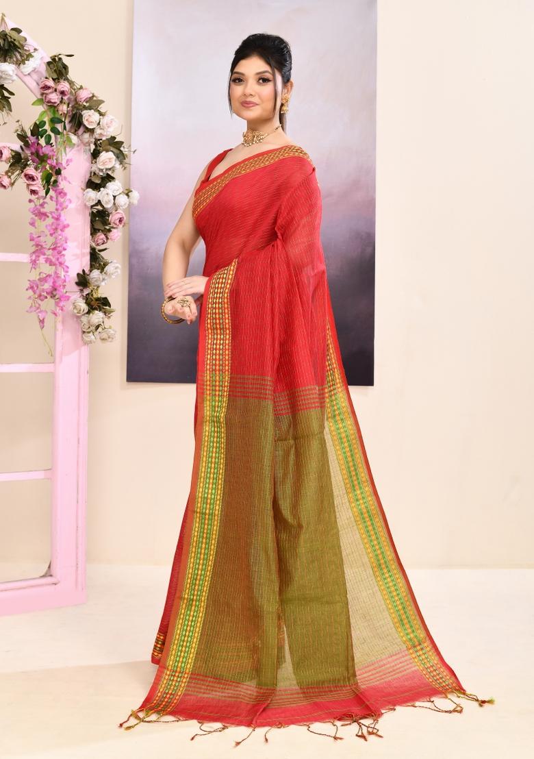 Red Handloom Cotton Saree Set - Indya
