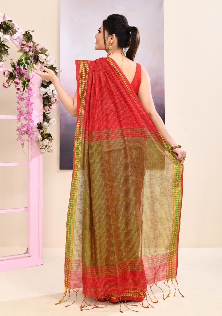 Red Handloom Cotton Saree Set - Indya